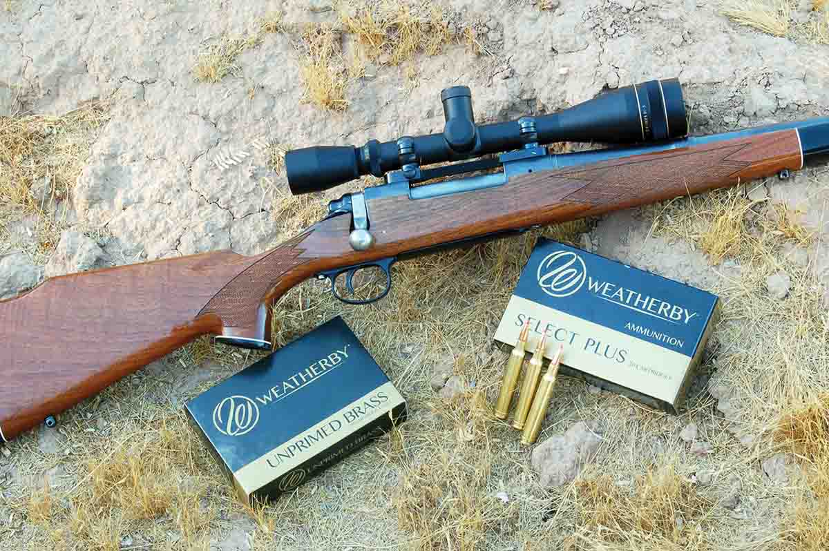 The rifle used to test loads is a rechambered Remington 721. Weatherby sells both ammunition and new brass, so case forming is unnecessary.